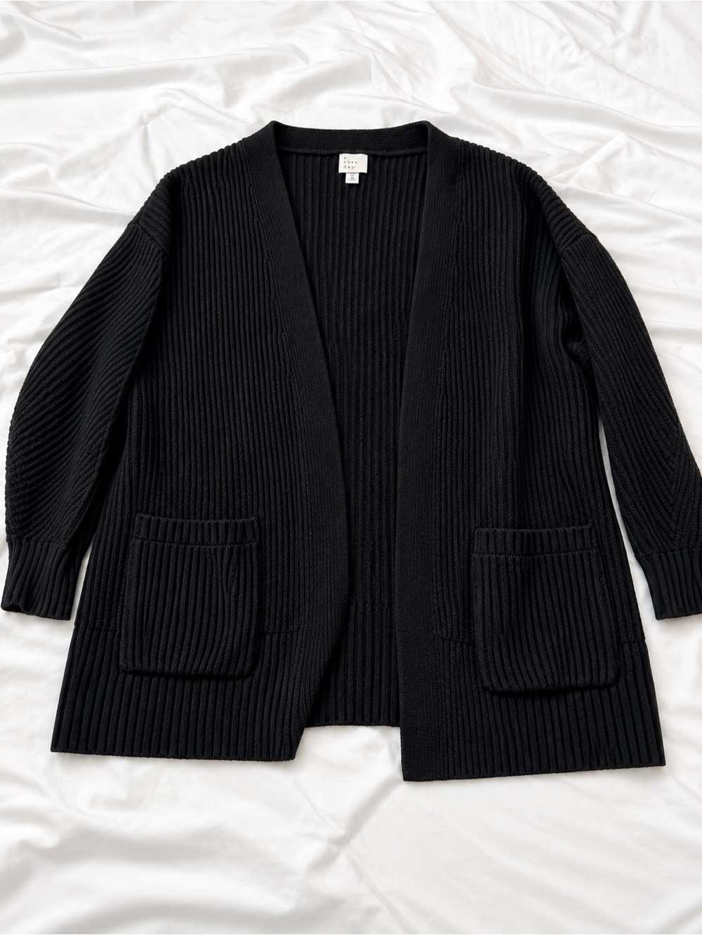 a new day Black Ribbed Open Cardigan with Patch Pockets